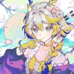  1girl arknights bare_shoulders blonde_hair blue_streaks braid camisole chinese_commentary choker closed_mouth colored_extremities commentary_request dragon_girl dragon_horns eastern_dragon_horns eyeliner finger_to_mouth flower fruit_earrings grey_hair hair_between_eyes hair_flower hair_ornament hair_stick hand_up horns long_hair looking_at_viewer makeup multicolored_hair ningmeng_bai_fei_bai official_alternate_costume orange_eyeliner pink_flower pointy_ears shu_(arknights) shu_(spring_feast)_(arknights) smile solo streaked_hair upper_body yellow_camisole yellow_choker yellow_hands 
