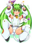  animal_ears bare_shoulders bell bell_collar black_gloves blush_stickers cat_ears collar crotch_plate detached_leggings detached_sleeves energy_gun fin_(phantom_breaker) flat_chest gloves green_eyes green_hair hair_intakes hair_ornament jingle_bell mouse one-piece_swimsuit phantom_breaker ray_gun shiina_you_(tomoshibi) solo spread_legs star swimsuit tail tears thighhighs weapon white_swimsuit 