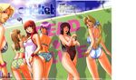  ass ayane_(doa) bikini blonde_hair breasts brown_hair christie_(doa) cover dead_or_alive helena_douglas highres hitomi_(doa) kamitsuki_manmaru kasumi_(doa) large_breasts lei_fang long_hair multiple_girls navel open_mouth orange_hair purple_hair ribbon short_hair showering swimsuit wet 