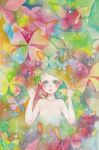  1girl blending blush bug butterfly colorful commentary_request flat_chest flower green_eyes green_hair highres looking_at_viewer no_nipples nude open_mouth original painting_(medium) sato_(osappun) solo traditional_media upper_body watercolor_(medium) 