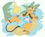  2025 4_toes ageplay ambiguous_gender anthro anthrofied blue_diaper bodily_fluids bubblepuppers clothed clothing diaper digital_media_(artwork) drooling fan_character feet generation_1_pokemon green_eyes hi_res hindpaw infantilism inflatable long_tail mammal nintendo open_mouth open_smile pawpads paws pokemon pokemon_(species) pokemorph pool_toy raichu rodent roleplay saliva sippy_cup smile tail toes wearing_diaper 