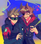  2boys :d animification annoyed antenna_hair arm_around_shoulder bad_id bad_twitter_id black_necktie black_vest blue_coat blue_shirt blush brown_hair burn_scar cigar coat collared_shirt commentary_request crossed_arms cyborg drawstring eddsworld eye_contact eyepatch flipped_hair future_tom_(eddsworld) ggiriewqhkz12 grey_eyes hair_ears head-mounted_display heart highres holding holding_cigar hood hood_down hoodie inactive_account korean_commentary lcd long_sleeves looking_at_another male_focus mechanical_arms military_coat military_dress_uniform military_uniform multiple_boys necktie plain_epaulettes prosthesis prosthetic_arm red_hoodie red_leader_(eddsworld) scar shirt short_hair single_mechanical_arm smile smoke smoking spiked_hair squiggle tom_(eddsworld) tord_(eddsworld) upper_body vest yaoi 
