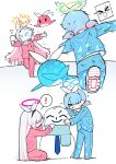  ! >_< 2girls absurdres alternate_costume arona_(blue_archive) black_choker black_hairband blue_archive blue_hair blue_halo blue_necktie blue_pajamas bow bow_hairband choker commentary_request doodle_sensei_(blue_archive) green_halo hair_bow hair_over_one_eye hairband halo highres je_o_mo long_hair multicolored_hair multiple_girls multiple_views necktie one_eye_covered orange_halo pajamas pink_hair pink_halo pink_pajamas plana_(blue_archive) red_pajamas scarf sensei_(blue_archive) shoes short_twintails simple_background smile snow snowball snowball_fight snowman spoken_exclamation_mark sweatdrop twintails two-tone_hair v-shaped_eyebrows very_long_hair white_background white_bow white_choker white_hair white_hairband white_shoes 