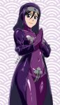  1girl alternate_costume black_eyes black_hair bleach bodysuit breasts coat covered_navel cross cross_print crotch_zipper highres kuchiki_rukia latex latex_bodysuit looking_at_viewer medium_breasts nun nun_headdress own_hands_together purple_bodysuit purple_coat see-through_clothes shiny_clothes skin_tight solo standing tiyamamashuu 