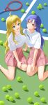  2girls absurdres ahoge ball blonde_hair blue_hair breasts brown_eyes closed_mouth commentary_request day e_ga_ku green_eyes highres hoshii_miki idolmaster idolmaster_(classic) kisaragi_chihaya long_hair looking_at_viewer matching_outfits multiple_girls on_ground open_mouth outdoors pink_skirt racket shirt short_sleeves sitting skirt smile tennis_ball tennis_court tennis_racket white_shirt 