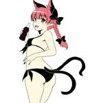  animal_ears ass bikini blush bow braid cat_ears cat_tail fang hair_bow isaki_(gomi) kaenbyou_rin long_hair multiple_tails nekomata red_eyes red_hair simple_background solo swimsuit tail touhou twin_braids two_tails white_background 