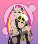  1boy 1girl arm_tattoo asymmetrical_eyewear black_eyeshadow black_jacket blonde_hair bracelet closed_mouth commentary commission confusedewe dotted_background english_commentary eyeshadow eyewear_on_head gradient_background guzma_(pokemon) hair_ornament hands_on_another's_arms hetero highres hood hood_down hooded_jacket hug hug_from_behind jacket jewelry makeup multicolored_hair necklace pink_background pink_hair plumeria_(pokemon) pokemon pokemon_sun_and_moon purple_background quad_tails shirt short_hair short_hair_with_long_locks smile sunglasses tattoo team_skull thick_eyebrows twitter_username two-tone_hair watch white_eyeshadow white_hair white_shirt wristwatch yellow-framed_eyewear yellow_eyes 