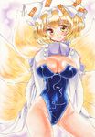  alternate_costume blonde_hair blue_swimsuit breasts detached_sleeves hands_on_own_chest hat large_breasts looking_at_viewer multiple_tails off_shoulder one-piece_swimsuit pillow_hat short_hair sleeves_past_wrists smile solo swimsuit tail touhou wide_sleeves wminiminiw yakumo_ran yellow_eyes 