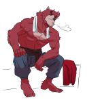  1boy animal_ears bakemono_no_ko bara barefoot bear_boy bear_ears belt biceps black_belt blue_pants closed_eyes commentary furry furry_male kumatetsu male_focus muscular muscular_male neo77077 open_mouth pants pectorals red_fur red_shirt shirt sitting sweat topless_male towel towel_around_neck untranslatable_commentary unworn_shirt very_sweaty white_background 