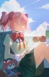  1girl absurdres akui_(xinjinjumin331144656321) apple black_skirt blue_sky bottle bow bowtie charlotte_(madoka_magica) closed_mouth cloud cloudy_sky cushion day feet_out_of_frame food fruit hair_bow highres holding holding_paper juliet_sleeves kaname_madoka knees_up light_smile long_sleeves looking_down mahou_shoujo_madoka_magica mahou_shoujo_madoka_magica_(anime) mitakihara_school_uniform paper pink_eyes pink_hair pleated_skirt puffy_sleeves reading red_bow red_bowtie school_uniform short_hair short_twintails sitting skirt sky solo twintails variant_set 