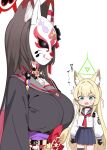  2girls absurdly_long_hair animal_ear_fluff animal_ears black_choker black_gloves black_hair black_kimono blonde_hair blue_archive blue_sailor_collar blue_skirt breast_envy choker colored_inner_hair commentary_request fox_ears fox_girl fox_mask gloves green_eyes green_halo grey_sailor_collar halo highres ichinomiya_(blantte) japanese_clothes kimono kurumi_(blue_archive) long_hair looking_at_another mask multicolored_hair multiple_girls neckerchief obi pleated_skirt purple_sash red_hair red_halo red_neckerchief sailor_collar sash school_uniform serafuku skirt sweat thigh_strap two-tone_hair very_long_hair wakamo_(blue_archive) 