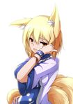  animal_ears bad_id bad_twitter_id blonde_hair breasts dress fox_ears fox_girl fox_tail from_side hair_tousle hand_on_hip impossible_clothes large_breasts looking_at_viewer merry_(diameri) multiple_tails no_hat no_headwear short_hair solo tabard tail touhou white_dress yakumo_ran yellow_eyes 