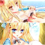  :d alice_(wonderland) alice_in_wonderland bad_id bad_pixiv_id bariko beach blonde_hair blue_eyes breasts cleavage close-up dripping food hair_ornament heart heart_hair_ornament horizon ice_cream medium_breasts melting navel ocean open_mouth outdoors popsicle sand smile upper_body water yellow_eyes 
