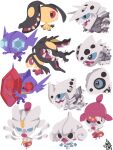  absurdres aggron aqua_eyes aron black_eyes blue_gem blush blush_stickers chibi chibi_only closed_mouth colored_teeth commentary_request diamond_mouth fangs full_body gem grin highres holding holding_gem horns knees_apart_feet_together lairon mawile medicham meditite mega_aggron mega_mawile mega_medicham mega_pokemon mega_sableye open_mouth pokemon pokemon_(creature) pokemon_focus red_eyes red_gem sableye sharp_teeth signature simple_background smile t_tsudaka teeth white_background yellow_teeth 