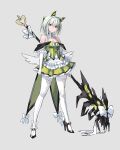  1girl absurdres adapted_costume alternate_costume animal_ear_fluff animal_ears arknights bare_shoulders black_shoes bow breasts cat_ears chinese_commentary cleavage closed_mouth clothing_cutout commentary_request dress full_body gloves green_dress green_eyes green_hair grey_background heart_cutout high_heels highres holding holding_staff kal'tsit_(arknights) kumachi looking_at_viewer magical_girl mon3tr_(arknights) mon3tr_(summon)_(arknights) pantyhose shoes short_dress short_hair small_breasts solo staff standing white_bow white_gloves white_pantyhose 