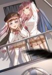  2girls aikawa_megumi black_capelet black_hat capelet chinese_commentary commentary_request double_bun floating_hair green_eyes hair_bun hair_ribbon hat heaven_burns_red heavy_breathing highres holding holding_shirt holding_unworn_clothes kr_woyue kunimi_tama multiple_girls neck_ribbon open_mouth pink_eyes pink_hair railing red_ribbon ribbon shirt skirt smile thighhighs unworn_shirt white_ribbon white_shirt 