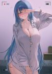  1girl 1yu_x absurdres arcana_(nikke) arm_up battery_indicator blue_eyes blue_hair blunt_bangs blurry blurry_background blush breasts button_gap cleavage commentary_request countdown covering_face covering_one_eye cowboy_shot goddess_of_victory:_nikke grin hair_over_shoulder highres large_breasts long_hair looking_at_viewer naked_shirt open_mouth recording shirt shirt_tug sidelocks smile solo standing very_long_hair viewfinder white_shirt 