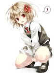  1girl blonde_hair commentary_request covering covering_crotch gorilla_(bun0615) hair_ribbon highres long_sleeves looking_at_viewer mary_janes open_mouth red_eyes ribbon rumia shirt shoes skirt skirt_set solo spoken_exclamation_mark squatting touhou vest 
