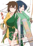  2girls absurdres archery arrow_(projectile) back-to-back blue_eyes blue_hair blue_hakama blush bow_(weapon) breasts brown_eyes brown_hair commentary_request flight_deck gloves green_hakama green_kimono hachimaki hair_ribbon hakama hakama_short_skirt hakama_skirt headband highres hiryuu_(kancolle) hiryuu_kai_san_(kancolle) japanese_clothes kantai_collection kimono kyuudou large_breasts long_hair looking_at_viewer multiple_girls muneate one_eye_closed open_mouth orange_kimono partially_fingerless_gloves quiver ribbon short_hair side_ponytail signature skirt smile solo souryuu_(kancolle) souryuu_kai_ni_(kancolle) twintails two-tone_kimono watashitachino_kareshi weapon white_headband wide_sleeves yugake yumi_(bow) 