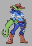  2026 absurd_res animal_humanoid anthro artist_name belt belt_buckle blue_clothing blue_eyes blue_kerchief blue_neckerchief blue_shirt blue_topwear boots bottomwear breasts buckle clothed clothing cowboy_boots cowboy_hat cowgirl_outfit crossgender denim denim_bottomwear denim_clothing digital_drawing_(artwork) digital_media_(artwork) fangs female footwear green_body green_spikes green_tail grey_background grin grinning_at_viewer gun gun_holster hand_on_hip handgun hat headgear headwear hi_res holster holstered_revolver humanoid jeans kerchief lizard looking_at_viewer monster multicolored_clothing multicolored_shirt multicolored_topwear neckerchief neckwear outlaw pants pattern_clothing pattern_shirt pattern_topwear ranged_weapon reptile revolver scalie scalie_humanoid shirt shoes simple_background smile smiling_at_viewer snout snoutless solo spiked_tail spikes spikes_(anatomy) standing striped_clothing striped_shirt striped_topwear stripes tail teeth text topwear torn_bottomwear torn_clothing torn_jeans torn_pants two_tone_clothing two_tone_shirt two_tone_topwear undertale undertale_(series) undertale_yellow vengeful_virgil weapon white_clothing white_shirt white_topwear 