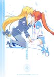  2girls blonde_hair blue_eyes couple fate_testarossa female hair_ornament high_heels looking_at_another lyrical_nanoha mahou_senki_lyrical_nanoha_force mahou_shoujo_lyrical_nanoha mahou_shoujo_lyrical_nanoha_strikers mahou_shoujo_lyrical_nanoha_vivid multiple_girls orange_hair pantyhose ponytail red_eyes school_uniform takamachi_nanoha thighhighs translation_request tsunpun uniform yuri 