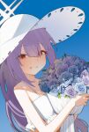  1girl atsuko_(blue_archive) atsuko_(swimsuit)_(blue_archive) bare_shoulders bikini blue_archive blue_background blue_flower blush bouquet flower from_side grin hair_between_eyes halo hat highres holding holding_bouquet holypotato0 long_hair looking_at_viewer looking_to_the_side outdoors ponytail purple_flower purple_hair red_eyes smile solo sun_hat swimsuit upper_body very_long_hair white_bikini white_hat 