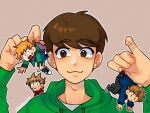  4boys :3 animification antenna_hair bad_id bad_twitter_id bandage_on_cheek black_pants black_shoes blue_hoodie blue_pants brown_background brown_eyes brown_hair checkered_shoes commentary_request denim drawstring edd_(eddsworld) eddsworld fewer_digits film_grain flipped_hair green_hoodie green_jacket hair_behind_ear hair_ears holding holding_mini_person hood hood_down hoodie jacket jeans korean_commentary long_sleeves male_focus matt_(eddsworld) mini_person miniboy multiple_boys open_clothes open_jacket open_mouth orange_hair outline pants parkriso0755 plain_epaulettes portrait purple_hoodie red_hoodie shoes short_hair signature simple_background smile sneakers solo_focus spiked_hair sweatdrop swept_bangs tom_(eddsworld) tord_(eddsworld) white_outline 