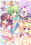  alternate_costume bad_id bad_pixiv_id blonde_hair bloomers blush bow bow_panties breasts brown_eyes brown_hair flandre_scarlet green_eyes green_hair hakurei_reimu hashimo_yuki kochiya_sanae large_breasts looking_at_viewer multiple_girls nipples panties patchouli_knowledge pleated_skirt purple_eyes purple_hair remilia_scarlet school_uniform serafuku skirt striped striped_panties touhou underwear yakumo_yukari 