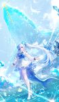 1girl absurdres arms_at_sides blue_bustier blue_eyes blue_flower blue_ribbon bow building bustier cetacean_tail closed_mouth clothing_cutout cloud collared_dress commentary_request cross day dress dress_bow eshi_100_nin_ten expressionless fins fish fish_tail floating_hair flower flying_fish flying_whale full_body grey_hair grey_sky hair_flower hair_ornament high_heels highres long_hair looking_at_viewer makoron117117 multicolored_hair neck_ribbon original outdoors ribbon school_of_fish shoes short_dress shoulder_cutout sky sleeve_cuffs solo streaked_hair swimsuit tail thighhighs tower twintails very_long_hair walking walking_on_liquid water whale white_bow white_dress white_shoes white_thighhighs wing_collar 