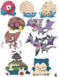  absurdres aerodactyl aqua_eyes chibi chibi_only closed_eyes closed_mouth commentary_request dynamax fangs full_body gigantamax gigantamax_snorlax highres kabuto_(pokemon) kabutops lower_teeth_only lying mega_aerodactyl mega_pokemon omanyte omastar on_back open_mouth pokemon pokemon_(creature) pokemon_focus porygon sharp_teeth shell signature simple_background sitting snorlax spikes t_tsudaka teeth tree white_background 