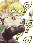  1girl ? absurdres ahiru_7 armlet bare_shoulders black_choker black_dress blonde_hair blue_eyes blue_gem bowsette bracelet breasts brooch choker claw_pose cleavage commentary_request crown dress earrings fang fingernails forked_eyebrows gem grey_horns hair_between_eyes hands_up highres horns jewelry large_breasts mario_(series) open_mouth ponytail sharp_fingernails simple_background solo sphere_earrings spiked_armlet spiked_bracelet spiked_choker spikes strapless strapless_dress super_crown teeth thick_eyebrows turn_pale turtle_shell upper_teeth_only white_background 