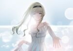  1girl bare_shoulders bracelet chinese_commentary closed_mouth commentary_request dress green_hair hairband heaven_burns_red highres jewelry kr_woyue lifting_own_clothes long_hair mole mole_under_mouth murofushi_risa purple_eyes reaching reaching_towards_viewer sundress white_dress 