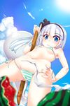  bikini blue_eyes bob_cut bow cameltoe flat_chest food from_below fruit hair_bow highres hitodama konpaku_youmu konpaku_youmu_(ghost) micro_bikini silver_hair solo sweat swimsuit sword t.o.d touhou watermelon weapon wooden_sword 