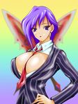  between_breasts blade breasts cleavage earrings formal hand_on_hip highres huge_breasts jewelry mole necktie necktie_between_breasts phantom_breaker pinstripe_suit purple_eyes purple_hair short_hair slender_waist solo striped suit tamaki_(serie-rouge) toujou_ria 