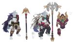  1boy abs animal_ears armor bandaged_arm bandages bara black_pants cape colored_sclera concept_art furry furry_male highres large_pectorals law_(sdorica) male_focus muscular_arms null-ghost pants pectorals purple_cape reference_sheet sdorica shoulder_armor simple_background staff tail weapon white_background wolf_boy wolf_ears wolf_tail yellow_sclera 