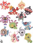  absurdres anorith armaldo baltoy castform castform_(normal) chibi chibi_only claydol closed_eyes closed_mouth commentary_request corphish cradily crawdaunt feebas full_body highres kecleon lileep milotic no_humans pink_lips pokemon pokemon_(creature) pokemon_focus signature simple_background solid_circle_eyes t_tsudaka tentacles white_background yellow_eyes 