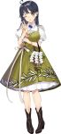  1girl ahoge animal black_hair boots brown_eyes dress drew_(drew213g) elbow_carry flower full_body green_dress holding kantai_collection long_hair neck_flower official_alternate_costume official_art one_eye_closed open_mouth orange_flower orange_rose pansy pet pigeon-toed rose shirt short_sleeves simple_background skirt smile solo tachi-e transparent_background ushio_(13th_anniversary)_(kancolle) ushio_(kancolle) v white_boots white_flower white_shirt wristband 