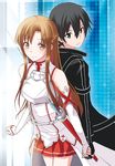  1girl asuna_(sao) back-to-back black_eyes black_hair breastplate brown_eyes brown_hair hisa_(yotsuba_ink) holding_hands kirito long_hair short_hair sword_art_online 