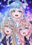  3girls absurdres animal_ear_fluff animal_ears bandaid bandaid_hair_ornament blonde_hair blue_eyes blue_hair blue_streaks dog_ears dog_girl fangs fuwawa_abyssgard hair_ornament hairpin highres hololive hololive_english hololive_idol_uniform_(color_rise) hololive_indonesia kobo_kanaeru looking_at_viewer mococo_abyssgard multicolored_hair multiple_girls official_alternate_costume open_mouth pink_eyes pink_streaks siblings sisters skin_fangs smile streaked_hair tcdtcd461651 twins two-tone_hair virtual_youtuber white_hair x_hair_ornament 