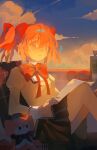  1girl absurdres akui_(xinjinjumin331144656321) apple black_skirt bottle bow bowtie charlotte_(madoka_magica) cloud cloudy_sky cushion dusk feet_out_of_frame food fruit hair_bow highres holding holding_paper juliet_sleeves kaname_madoka knees_up long_sleeves looking_at_viewer mahou_shoujo_madoka_magica mahou_shoujo_madoka_magica_(anime) mitakihara_school_uniform notice_lines paper parted_lips pink_eyes pink_hair pleated_skirt puffy_sleeves red_bow red_bowtie school_uniform short_hair short_twintails sitting skirt sky solo twintails variant_set 