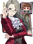  2girls adjusting_eyewear ascot black_vest braid breasts brown_hair chibi chibi_inset closed_mouth cosplay crown_braid dick_gumshoe dick_gumshoe_(cosplay) earrings english_commentary glasses grey_hair jacket jewelry lapels long_hair long_sleeves looking_at_viewer medium_breasts medium_hair miles_edgeworth miles_edgeworth_(cosplay) multiple_girls niijima_makoto niijima_sae notched_lapels pant_suit pants persona persona_5 purple_jacket purple_nails rectangular_eyewear red_eyes siblings sisters suit upper_body vest waistcoat wanderstillart white_ascot 