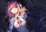  aikawa_megumi arm_up chinese_commentary closed_mouth commentary_request green_eyes heaven_burns_red highres kr_woyue long_hair looking_at_viewer outstretched_arm partially_submerged pink_hair red_ribbon ribbon school_uniform shirt water white_shirt 