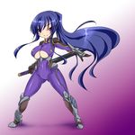  akiyama_rinko arm_guards blue_hair bodysuit breasts chibi large_breasts legs long_hair maron_(kagamikunn) purple_bodysuit purple_eyes solo sword taimanin_(series) taimanin_yukikaze thighs very_long_hair weapon 