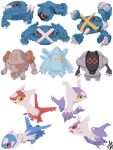  absurdres beldum black_sclera chibi chibi_only claws closed_mouth colored_sclera commentary_request full_body highres latias latios mega_latias mega_latios mega_metagross mega_pokemon metagross metang no_humans one-eyed open_mouth pokemon pokemon_(creature) pokemon_focus red_eyes regice regirock registeel signature simple_background smile t_tsudaka white_background yellow_eyes 