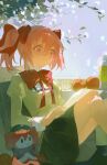  1girl absurdres akui_(xinjinjumin331144656321) apple black_skirt bottle bow bowtie branch charlotte_(madoka_magica) closed_mouth cushion falling_petals feet_out_of_frame flower food fruit hair_bow highres holding holding_paper juliet_sleeves kaname_madoka knees_up leaf long_sleeves looking_down mahou_shoujo_madoka_magica mahou_shoujo_madoka_magica_(anime) mitakihara_school_uniform o3o paper petals pink_eyes pink_hair pleated_skirt puffy_sleeves reading red_bow red_bowtie school_uniform short_hair short_twintails sitting skirt sky twintails variant_set white_flower 
