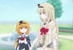  2girls aged_down bare_shoulders blonde_hair blue_dress blue_eyes braid commentary_request corset crown dress flower hair_between_eyes hairband half_up_braid highres jewelry kantai_collection lace-trimmed_dress lace_trim long_hair long_sleeves low-tied_long_hair mini_crown multiple_girls necklace off-shoulder_dress off_shoulder orange_hair red_flower red_ribbon red_rose ribbon rose shouhou-san_daisuki_teitoku siblings sisters tilted_headwear valiant_(kancolle) warspite_(kancolle) yellow_dress 