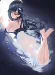  1girl absurdres asymmetrical_horns azur_lane bare_shoulders black_hair blue_eyes blue_horns blue_streaks breasts dragon_girl dragon_horns eyeliner flower highres horns huge_breasts kimiimik large_breasts long_hair makeup mole mole_under_mouth multicolored_hair purple_eyeliner see-through_body solo streaked_hair unryuu_(azur_lane) very_long_hair water water_dress 