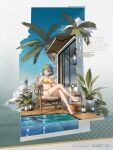  1girl absurdres arnold-s bikini blue_eyes bracelet breasts chair chinese_commentary cleavage collarbone commentary_request crossed_legs earrings eyewear_on_head flower food full_body glass green_hair hand_up highres holding holding_food holding_popsicle jewelry lighthouse medium_breasts model model_ship nail_polish necklace original palm_tree plant poolside popsicle potted_plant sandals sitting smile solo swimsuit thigh_strap toes tongue tongue_out tree wooden_chair 