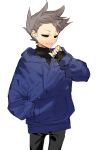  1boy animification bad_id bad_twitter_id black_pants black_shirt blue_hoodie brown_hair cowboy_shot drawstring eddsworld hand_in_pocket hand_up hollow_eyes hood hood_down hoodie inactive_account jitome k3vccitq long_sleeves male_focus painttool_sai_(medium) pants shirt short_hair simple_background sketch smile solo spiked_hair standing tom_(eddsworld) turtleneck turtleneck_shirt white_background 