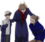  3boys animification bad_id bad_twitter_id baseball_cap belt black_belt black_pants blue_coat blue_hoodie bound brown_hair candy child coat commentary drawstring eddsworld eye_contact food fun_dead_kid_(eddsworld) grey_pants hair_behind_ear hair_ears hand_on_another's_head hat holding holding_another's_arm holding_candy holding_food holding_lollipop hollow_eyes hood hood_down hoodie kupot lollipop long_coat long_sleeves looking_at_another male_focus military_coat military_dress_uniform military_uniform multiple_boys open_clothes open_coat open_mouth oversized_clothes oversized_coat pants red_hoodie red_leader_(eddsworld) rope shirt short_hair simple_background sitting spiked_hair swept_bangs swirl_lollipop tied_up_(nonsexual) tom_(eddsworld) tord_(eddsworld) untranslatable_commentary white_background white_hat white_shirt 